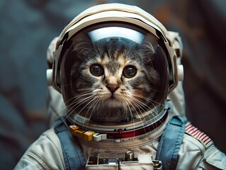a cat wearing an astronaut suit and helmet explores a space-themed background