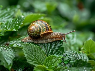 Snail crawling over lush green leaves after rain in a garden setting