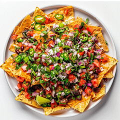 nachos plate food snack cheese jalapenos tomatoes onions herbs beans chips meal appetizer colorful mexican food tex-mex salsa toppings fresh garnish party food 