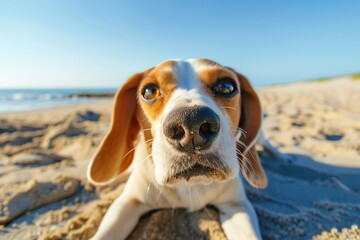 Wall Mural - Beagle dog taking a selfie on sea beach background