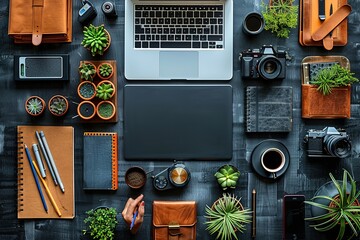 A laptop sits on a table with a variety of items including a cup, a cell phone