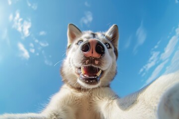 Wall Mural - Haski dog taking a selfie on blue sky background