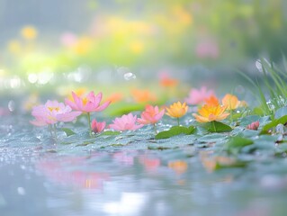 Wall Mural - Spring morning, after the heavy rain, Monet style, real scene shooting 1000 colorful translucent flowers planted in the Monet garden, clearly visible translucent petals, 