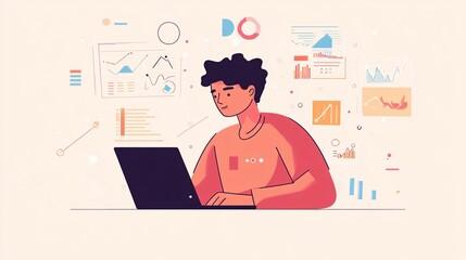 Wall Mural - A focused informaticist analyzing data trends on a laptop, surrounded by charts and graphs on a light solid color backdrop
