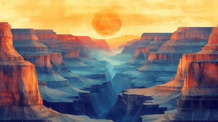 grand canyon panorama in retro travel poster style bold colors geometric shapes layered rock formations vintage typography adventure theme