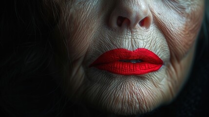 Poster - the lips of an old wrinkled woman are painted with red lipstick Close-up