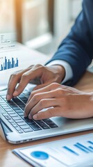 Wall Mural - a close-up of an insurance appraiser's hands typing on a laptop while analyzing data, with a light s