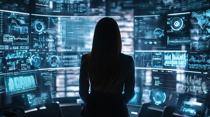 Wall Mural - a female intelligence analyst in a modern office environment, surrounded by digital screens displayi