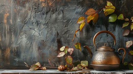 Wall Mural - Antique copper teapot and foliage on cement backdrop with room for writing