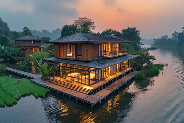 A large house is floating on a body of water