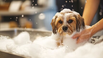 A kennel technician gently bathing a small dog in a grooming station, with bubbles and shampoo surrounding them