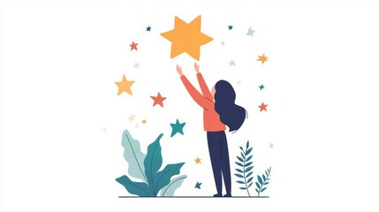 A person reaching towards a star, symbolizing ambition and growth, simple and uplifting design, flat vector, isolated on white background