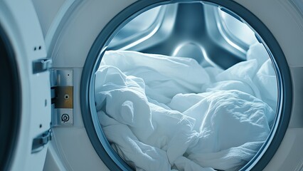 a washing machine stuffed with white clothes was opened. Closeup. Front view.