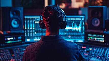Wall Mural - a focused sound engineer wearing headphones, analyzing sound waves on a laptop while surrounded by a