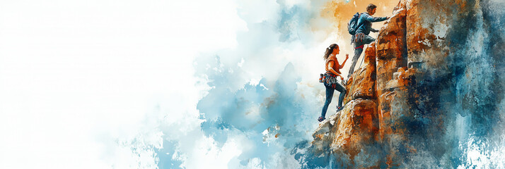 Canvas Print - Watercolor painting of a man and woman climbing a rock.