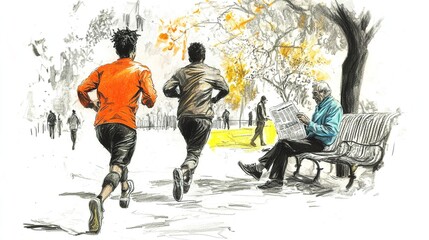 Pencil drawing illustration of two young men running, wearing bright color clothes. A few people walking by and one old man sitting on a bench, reading newspaper.