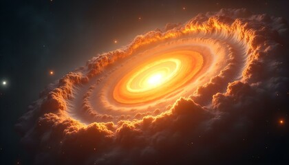 Wall Mural - a massive, swirling orange and yellow spiral galaxy with a bright center, surrounded by a glowing, f