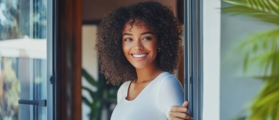 Portrait of cheerful young lady standing in doorway of new modern home, receiving and greeting visitor, happy smiling curly lady holding door looking out of slightly open ajar door