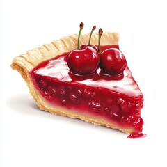 Wall Mural - A slice of cherry pie with a glossy filling and two cherries on top.