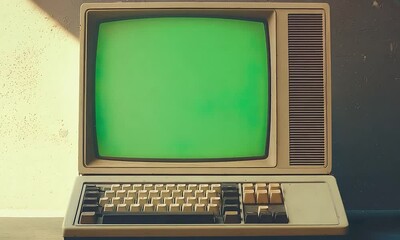 Old vintage computer with a green screen