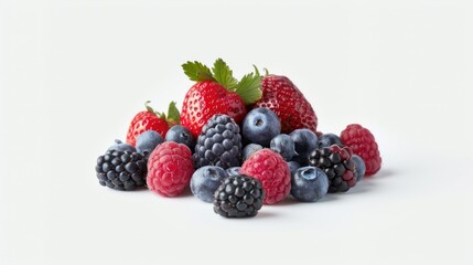 A pile of fresh raspberries and blueberries on a white surface, ideal for cooking or as a decorative centerpiece