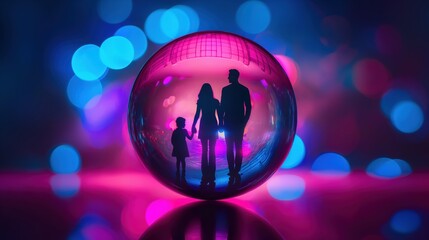 Family silhouette in illuminated glass bubble, vibrant neon lights backdrop, abstract concept