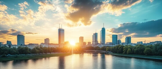 Canvas Print - Sunset Over a Cityscape with a River and Golden Clouds