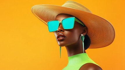 Sticker - A stylish model in vibrant sunglasses and a wide-brimmed hat against an orange backdrop.