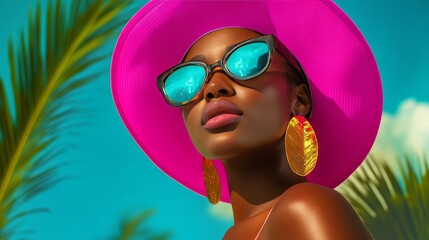 Sticker - A stylish woman in a vibrant summer setting with bold accessories.