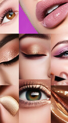 Collage of beautiful female eyes with golden makeup and sparkles. Makeup concept