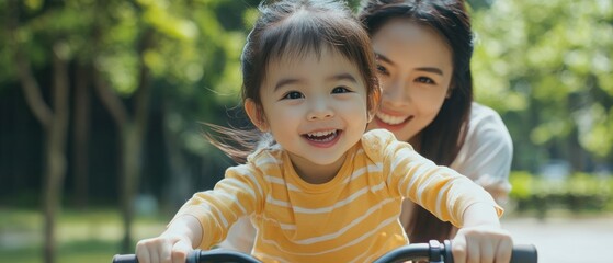 Little Asian child with mother practice to riding a bicycle