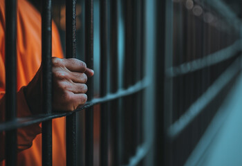 Man in orange prison clothes in jail behind bars 