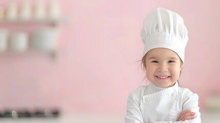 A young boy wearing a chef's hat and apron stands 