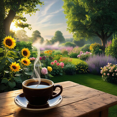 Serene morning with a cup of coffee overlooking a lush garden