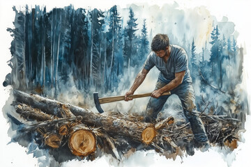 Poster - Watercolor painting of a young man using an ax to cut wood in the forest.