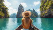 Young woman in white dress and straw hat on the boat on the background of the mountains.