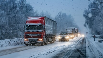 Trucks navigate a snowy highway as heavy snowfall impacts visibility and travel conditions