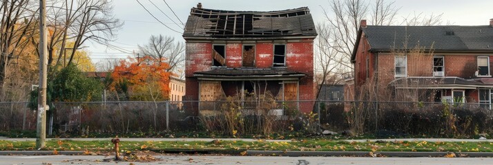 Canvas Print - Abandoned house illuminated by daylight on a street