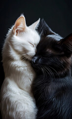 Wall Mural - Black and white cat kissing a white cat on a black background.