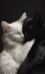 Sticker - Black and white cat and black cat sleeping together on black background.