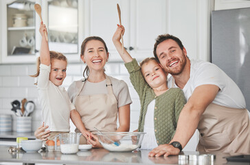 Poster - Cooking, happy and portrait of family in kitchen teaching children for development, skill or fun. Smile, love and girl kids with parents for learning to bake cake, cookies or dessert together at home