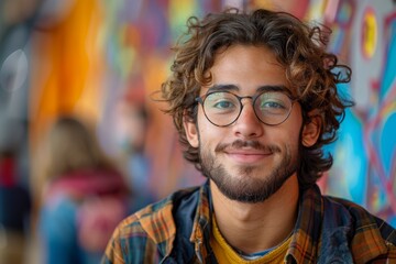 portrait of creative smiling student on colorful background, young man with curly hair and glasses