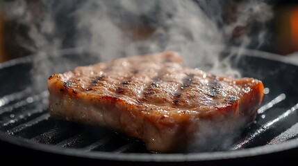 Wall Mural - A juicy steak sizzling on a cast iron skillet with smoke rising.