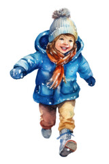 PNG Little girl in winter coat, watercolor illustration, transparent background