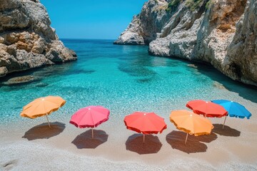 Wall Mural - Colorful umbrellas casting shadows on secluded beach with turquoise water