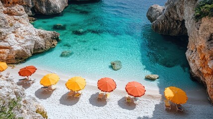 Wall Mural - Colorful umbrellas casting shadows on secluded beach with turquoise water