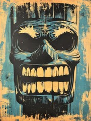 Canvas Print - Tiki mask glaring and showing teeth on blue and yellow background