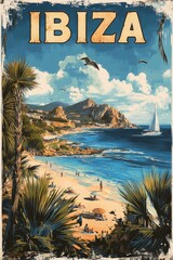 Poster - Ibiza travel vintage postcard showing beach with tourists enjoying summer vacation