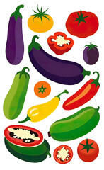 Wall Mural - full color silkscreen printing, perfect silhouettes of eggplants, zucchini, tomatoes, peppers, cucumbers on a white background, background for advertising vegetables and fruits