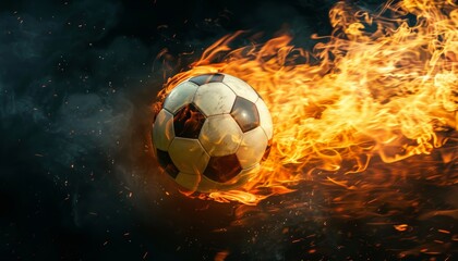 Soccer ball rolling in fire on dark background.